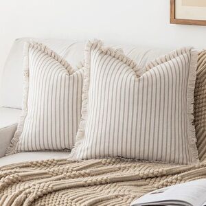 Striped Fringe Throw Pillow COVER Set - Cream and Khaki